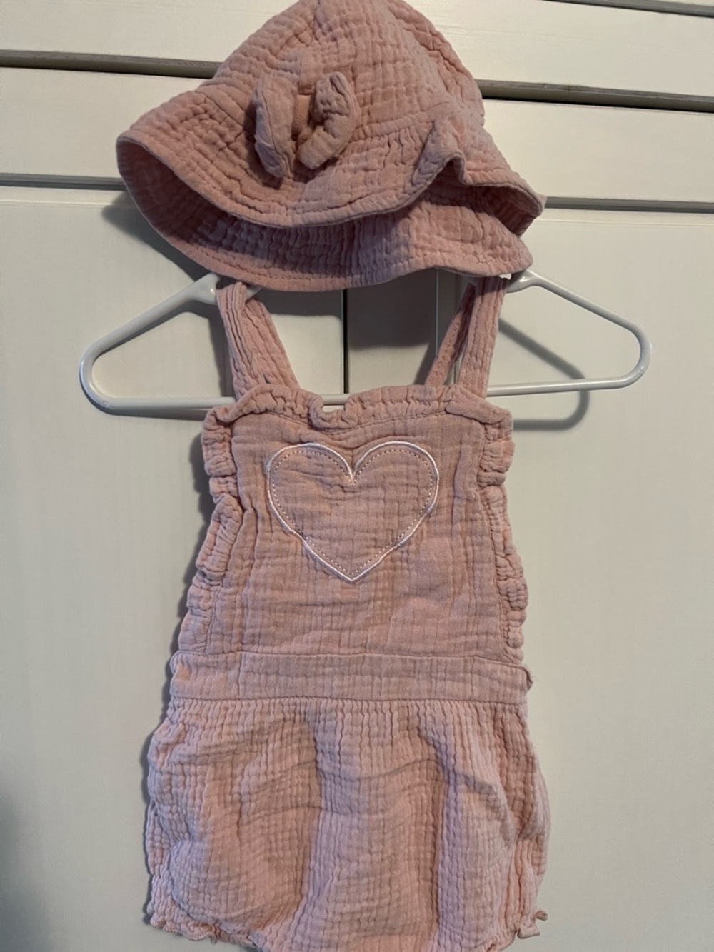 Pink Baby Heart Romper with Matching Sun Hat